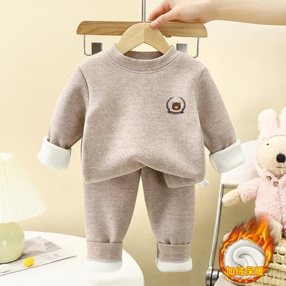 New Children's Warm Underwear Set Boys and Girls Winter Cartoon Plus Velvet Thick Round Neck Sleepwear 2PCS Set