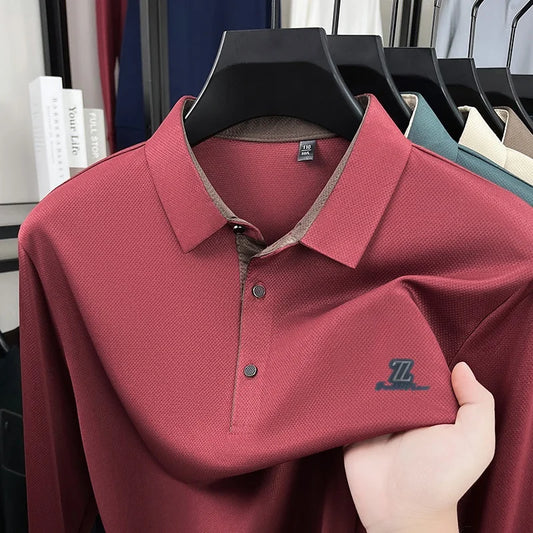 Men's High End Brand Print Solid Color Lapel Polo Shirt Autumn New Skin Friendly Long Sleeved T-shirt Fashion Versatile Menswear