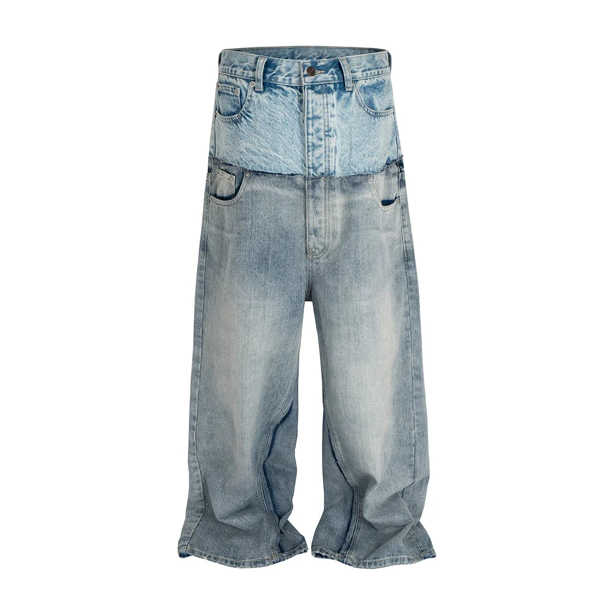 Double-layer Double Waist Patchwork Baggy Jeans for Men and Women Straight Casual Loose Denim Trousers Oversized