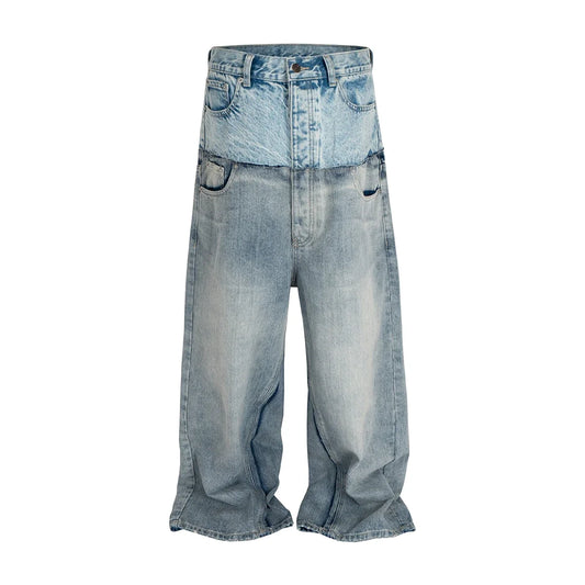 Double-layer Double Waist Patchwork Baggy Jeans for Men and Women Straight Casual Loose Denim Trousers Oversized