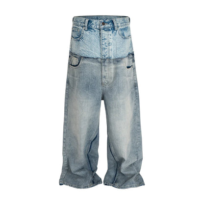 Three Waisted Camouflage Cargo Pants for Men Streetwear Patchwork Baggy Jeans Wide Leg Casual Loose Denim Trousers Oversized