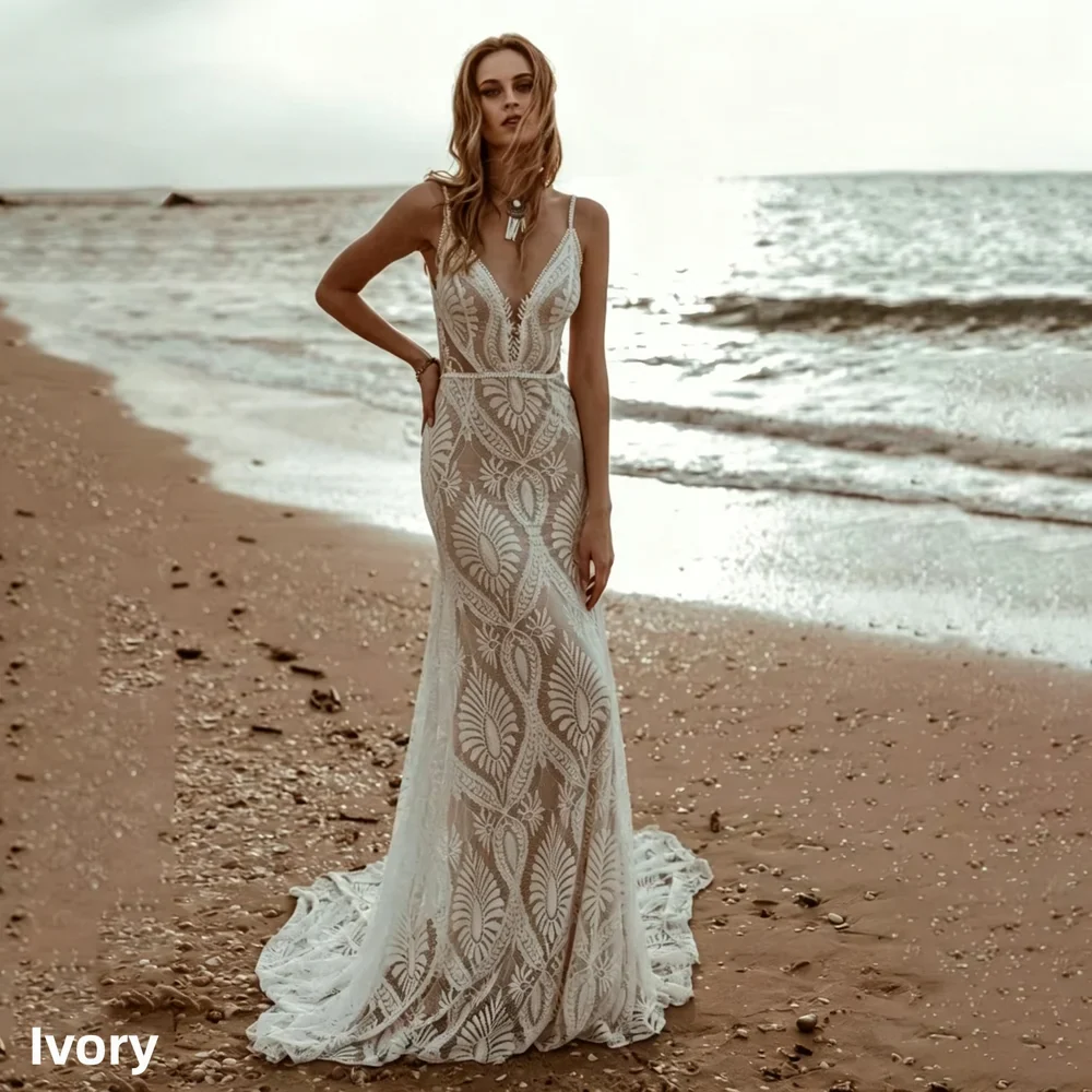 Customized Sexy Lace V Neck Beach Mermaid Wedding Dresses Elegant Spaghetti Straps Bridal Gowns Backless Vestidos De Novia