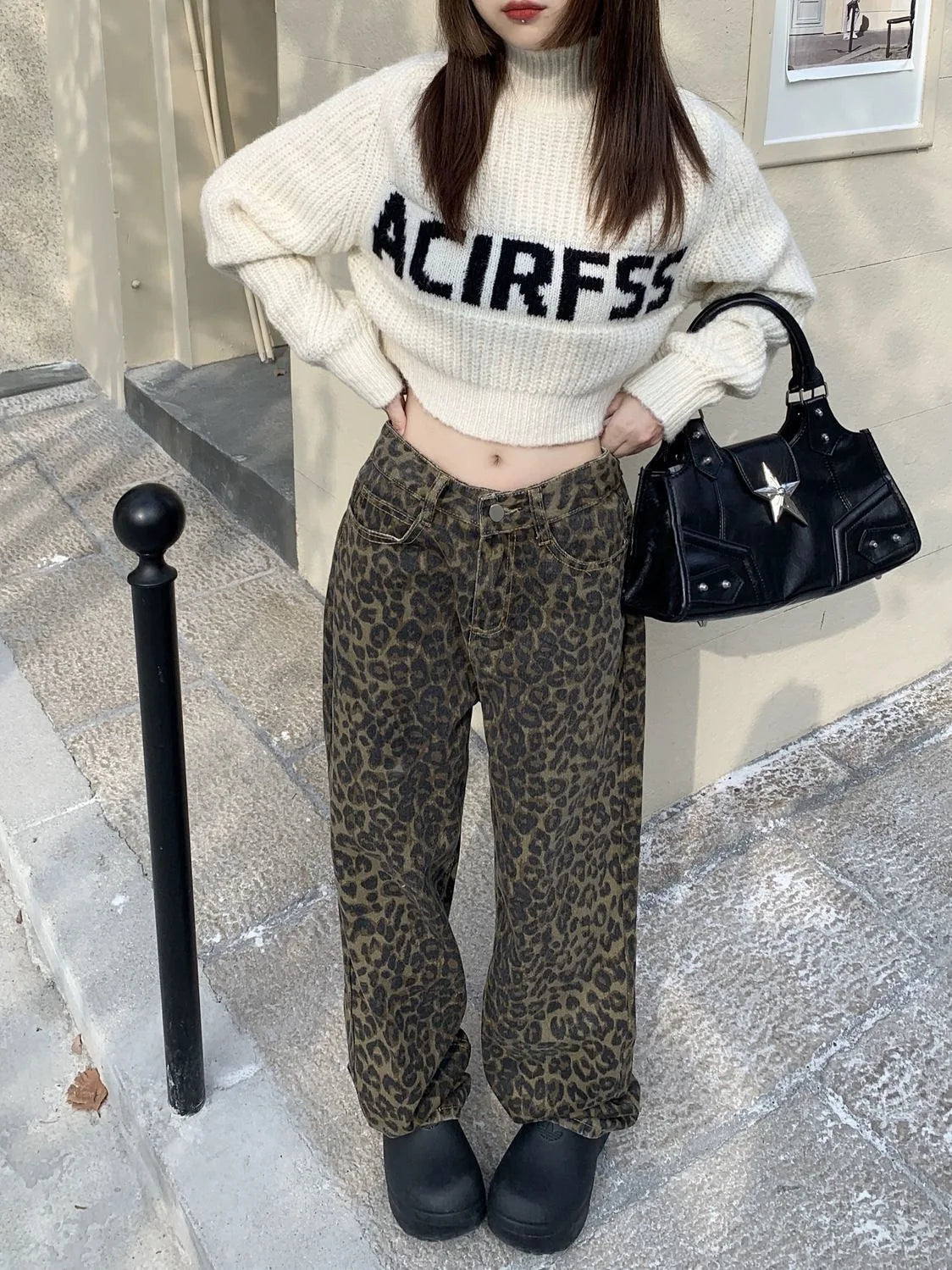 American Vintage Leopard Wide Leg Jeans Women High Waist Street Style Straight Pants Loose Fit Casual Floor Length Denim