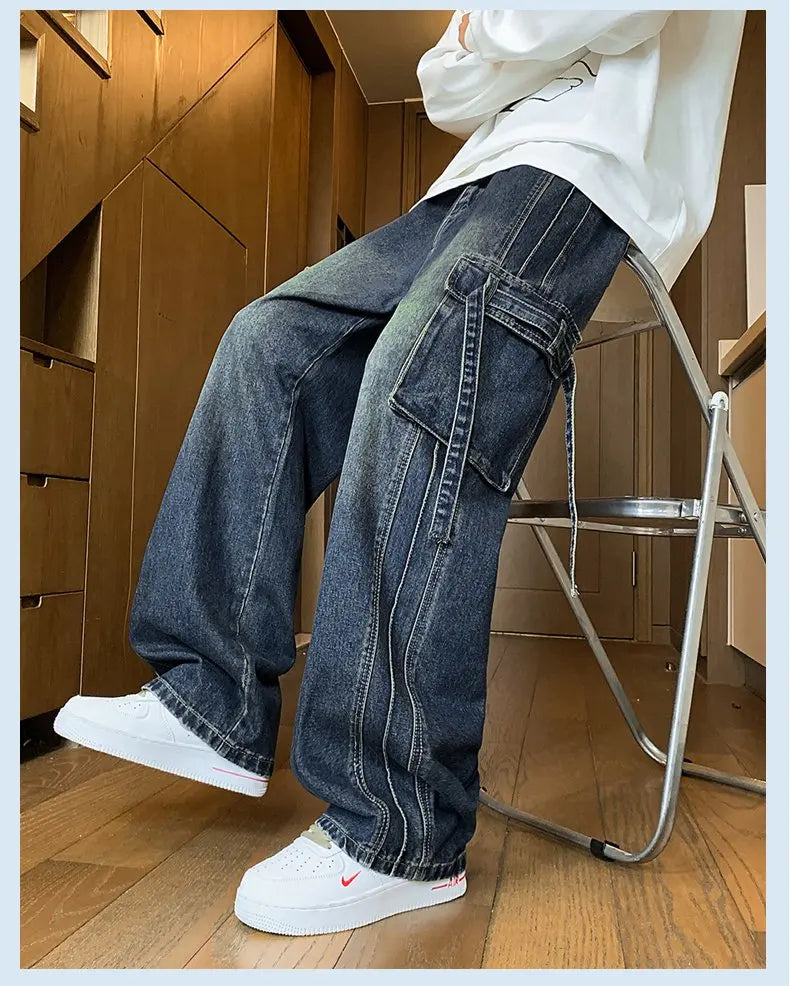 Autumn New Men's Loose Jeans Multi-pocket Work-wearing Jeans Street Hip-hop Straight Wide-leg Pants Baggy Dance Pants