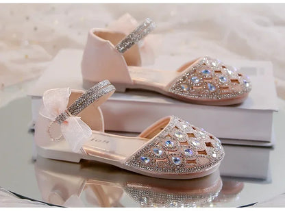 Girls Sandals Shiny Crystal Ins Trendy 2025 Summer New Kids Princess Shoes Mesh Lace Bows Girls Dance Shoes Elegant Hollowed-out