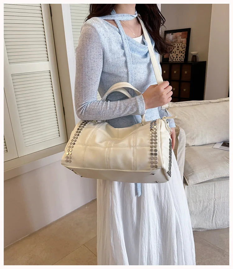 New Y2K Fashion Retro Rivet Tote Bag Women's High-end Handbag Large Capacity Motorcycle Shoulder Bag Daily Commute Crossbody Bag