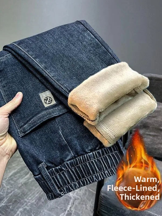 Warm Fleece Lined Elastic Waist Casual Straight Leg Men's Jeans Premium Quality Autumn Winter Thickened Stretch Denim Pants