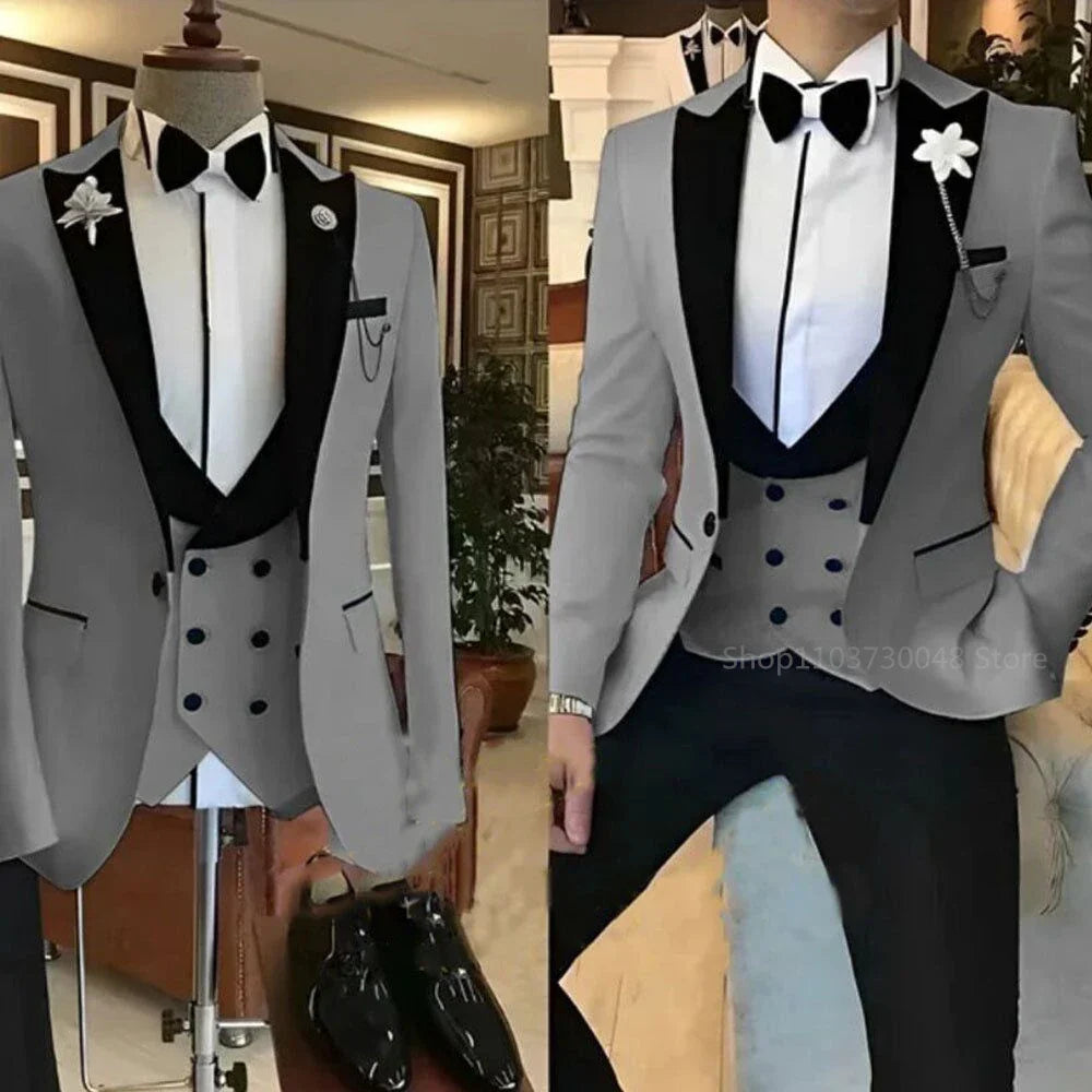 Solid Men's 3 Pieces Suit One Button Peak Lapel Jacket Vest Trousers Dinner Wedding Groom Tuxedos Slim Fit Formal Business Suits