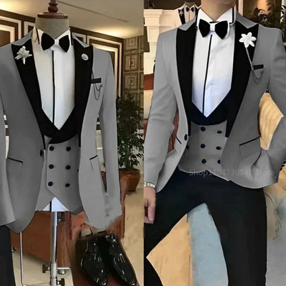 Solid Men's 3 Pieces Suit One Button Peak Lapel Jacket Vest Trousers Dinner Wedding Groom Tuxedos Slim Fit Formal Business Suits
