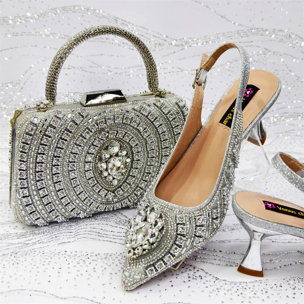 Popular Pointed Women Shoes Heels and Bags Rhinestone Chain Ladies Wedding Party Elegant and Luxurious Fashion