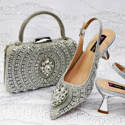 Popular Pointed Women Shoes Heels and Bags Rhinestone Chain Ladies Wedding Party Elegant and Luxurious Fashion