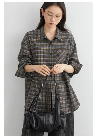 New Women Shirt Loose Casual Long Sleeved Vintage Thick Sanding Female Plaid Blouses Single-breasted Autumn Winter 2026