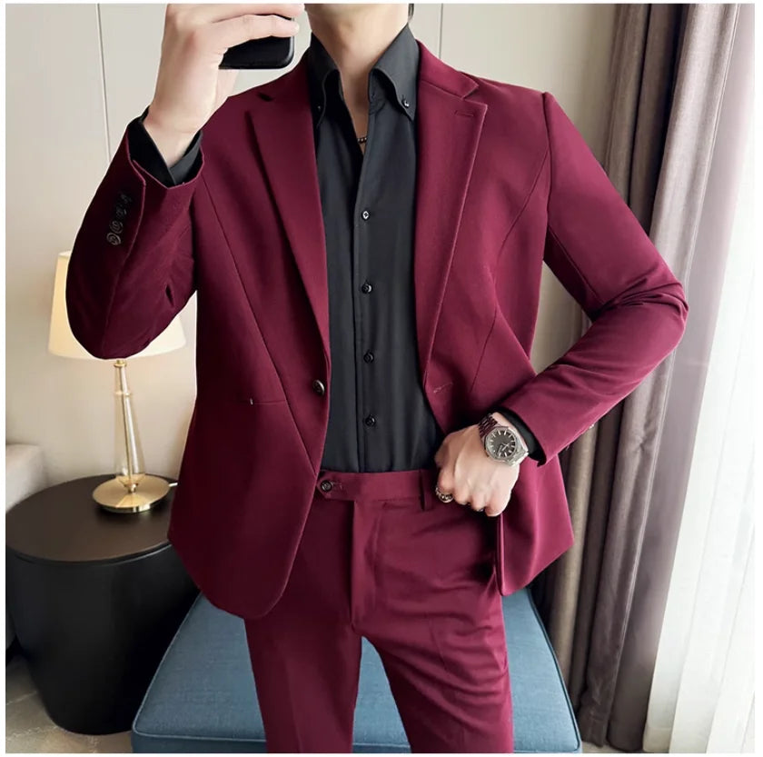 (Jacket+Pant) New Men Pure Color Business Social Wedding Party Suit Fashion Male Banquet Party Slim Fit Dress Blazer and Trouser