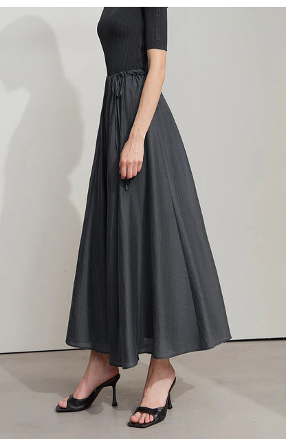 Minimalist New Summer Knee Length A-line Skirt Women Adjustable Drawstring Solid Color Commuting Style Loose Skirt 12522025
