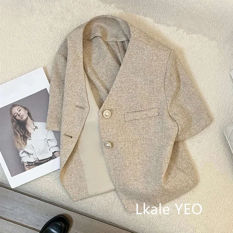 Women's Blazer Coat 2025 Spring Autumn Short-sleeve  Temperament Ladies Outerwear Korean Version Casual Female Short Suit Jacket