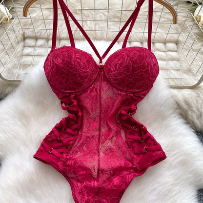 Sexy Lace Push Up Bodysuit See Through Mesh Patchwork Sleeveless Slim Thin One Pieces Elegant Women's Strappy Lingerie