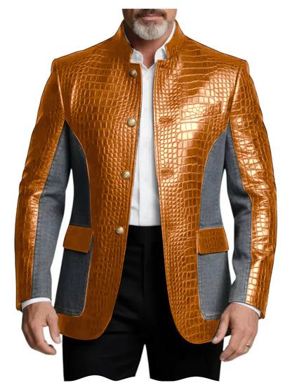 Men's Crocodile Embossed Leather Brown Jacket Patchwork Denim Stand Collar Slim Fit Luxury PU Blazer For Business Casual Party