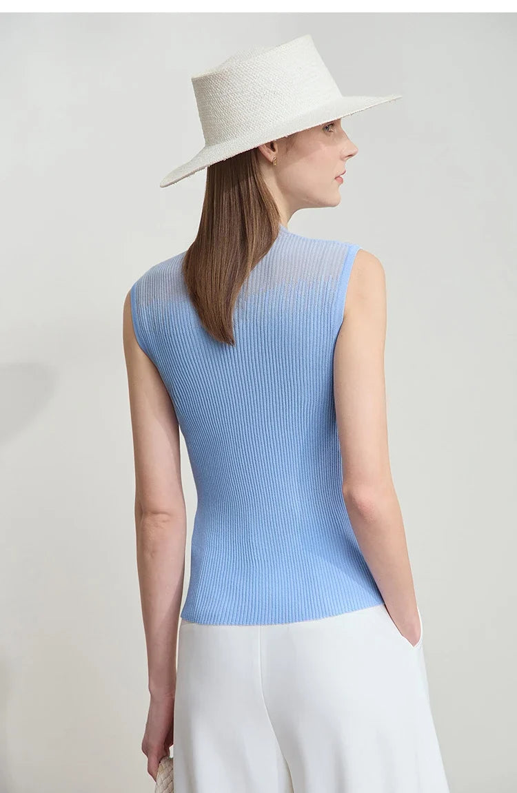 Women Top Minimalist Summer New Solid Color Mock Neck Sleeveless Slim Elastic Double Curved Yarn Knitted Camisole 12542249