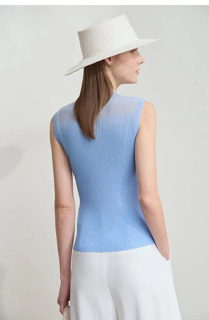 Women Top Minimalist Summer New Solid Color Mock Neck Sleeveless Slim Elastic Double Curved Yarn Knitted Camisole 12542249