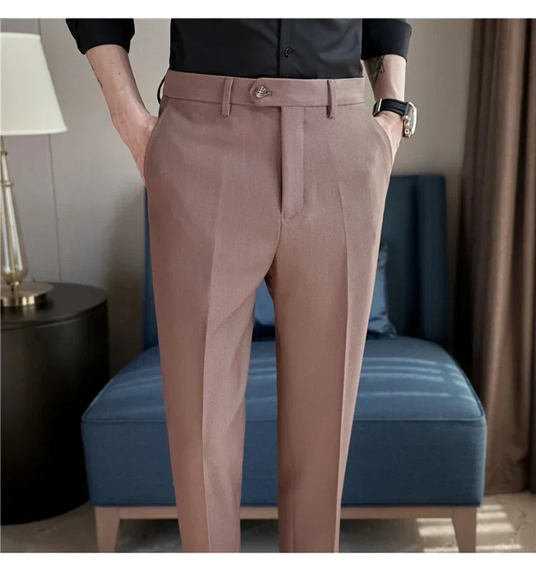 2024 New Men's Slim Fit Tapered Dress Pants Apricot Pearlescent Texture Business Casual Suit Trousers Spring Clothes