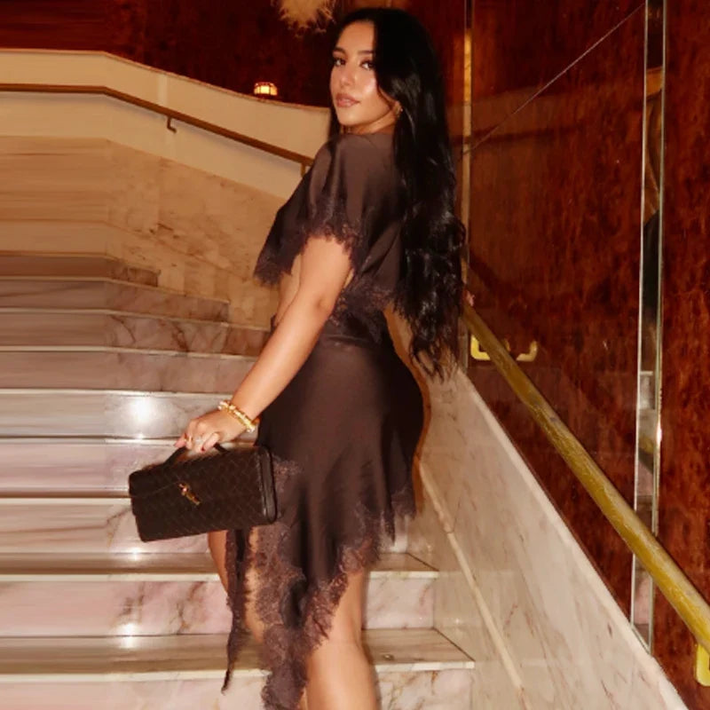 Lace Asymmetric Dress Women 2026 Sexy Mini Satin Batwing Sleeve Dress Luxury Women's Elegant Party Dress Hollow Out Vestido