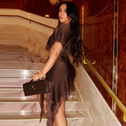 Lace Asymmetric Dress Women 2026 Sexy Mini Satin Batwing Sleeve Dress Luxury Women's Elegant Party Dress Hollow Out Vestido