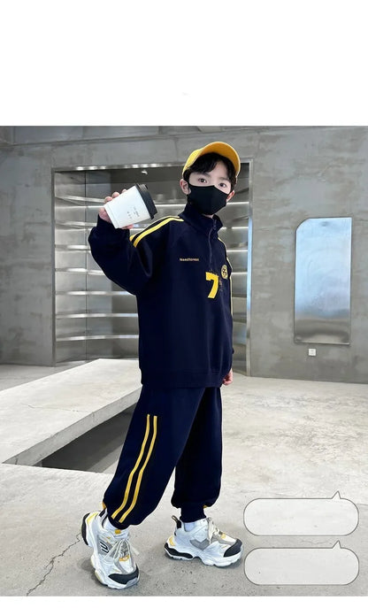 SpringAutumn Boys Cotton Half Zip Pullover Sweatshirt+Sweatpant Work Set School Kid 2PCS Tracksuit Children Jogger Outfit 5-16Yr
