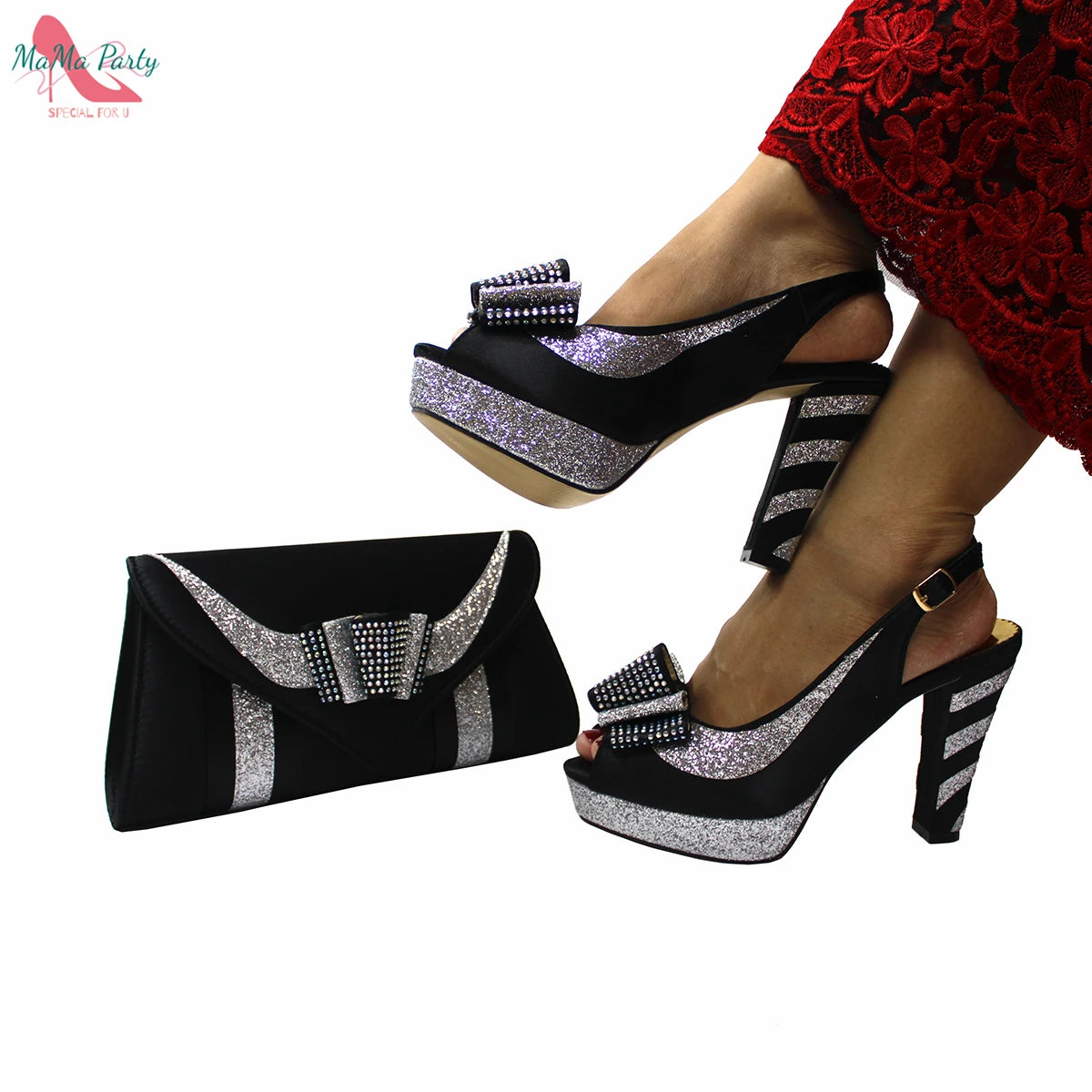 2021 Specials Design Black Color Nigerian Women Shoes and Bag Set High Quality Slingback Sandals with Appliques for Wedding