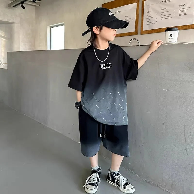 Summer Boys Cotton Leisure Star Print Gradient T-Shirt Top+Shorts Workout Set School Kids 2PCS Tracksuit Children Outfit 5-16 Yr