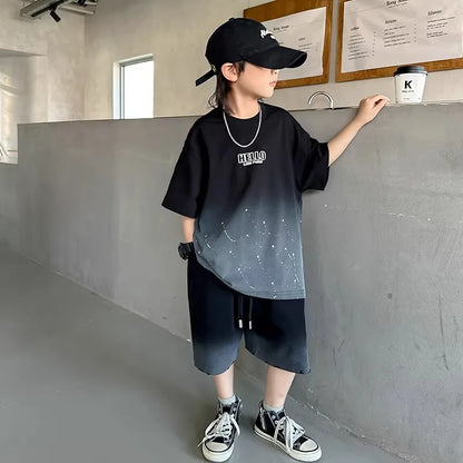 Summer Boys Cotton Leisure Star Print Gradient T-Shirt Top+Shorts Workout Set School Kids 2PCS Tracksuit Children Outfit 5-16 Yr