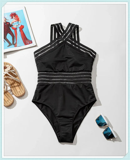 Solid Mesh Tape Swimsuit 2026 One Piece Sexy High Neck Swimwear Women Cross Front Bathing Suit Female Padded Beachwear Bodysuit