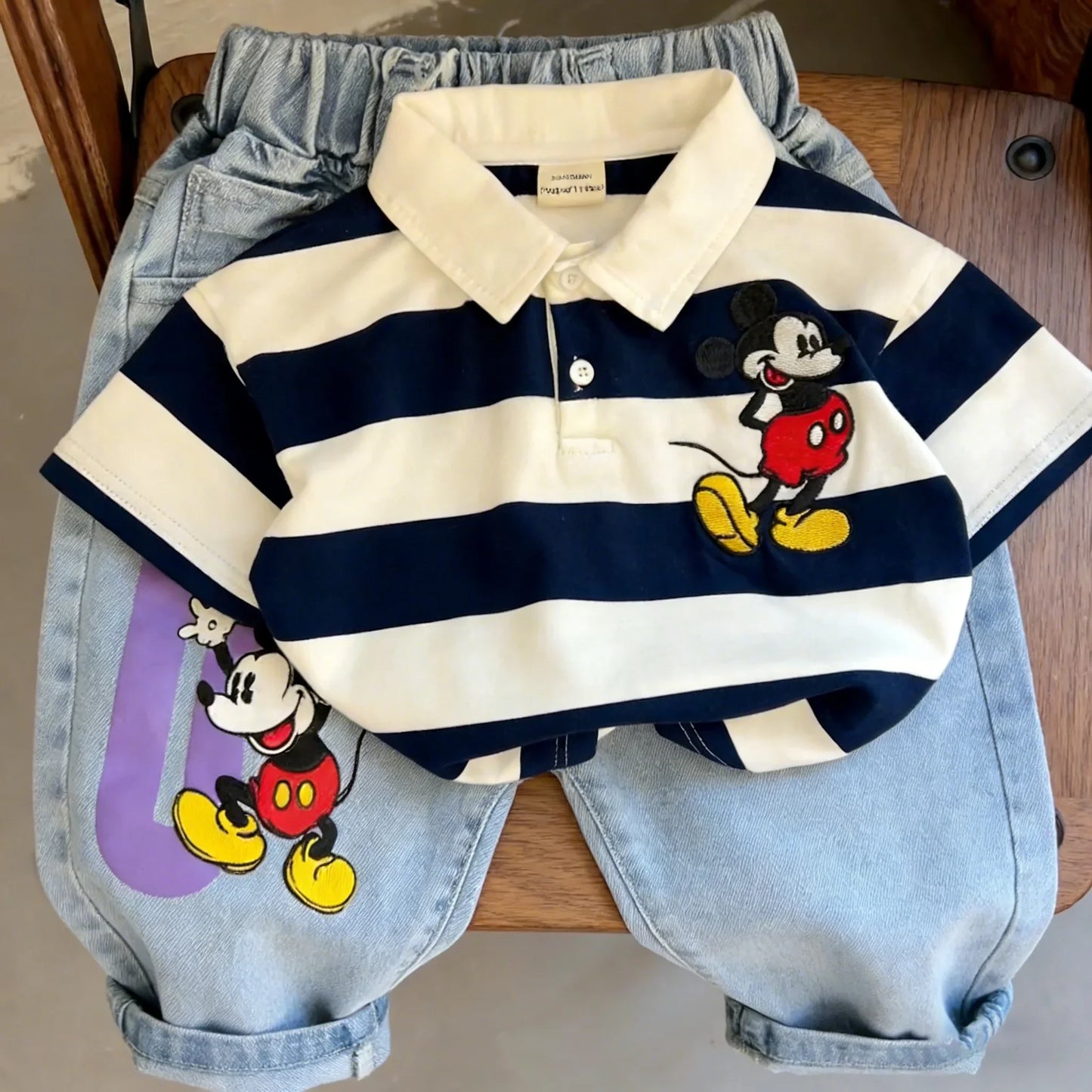Mickey Mouse Short Sleeve Clothes Set For Kid 2026 Spring Summer Baby Boy Girl Polo Shirt+Jeans 2PCE Children Clothing Tracksuit