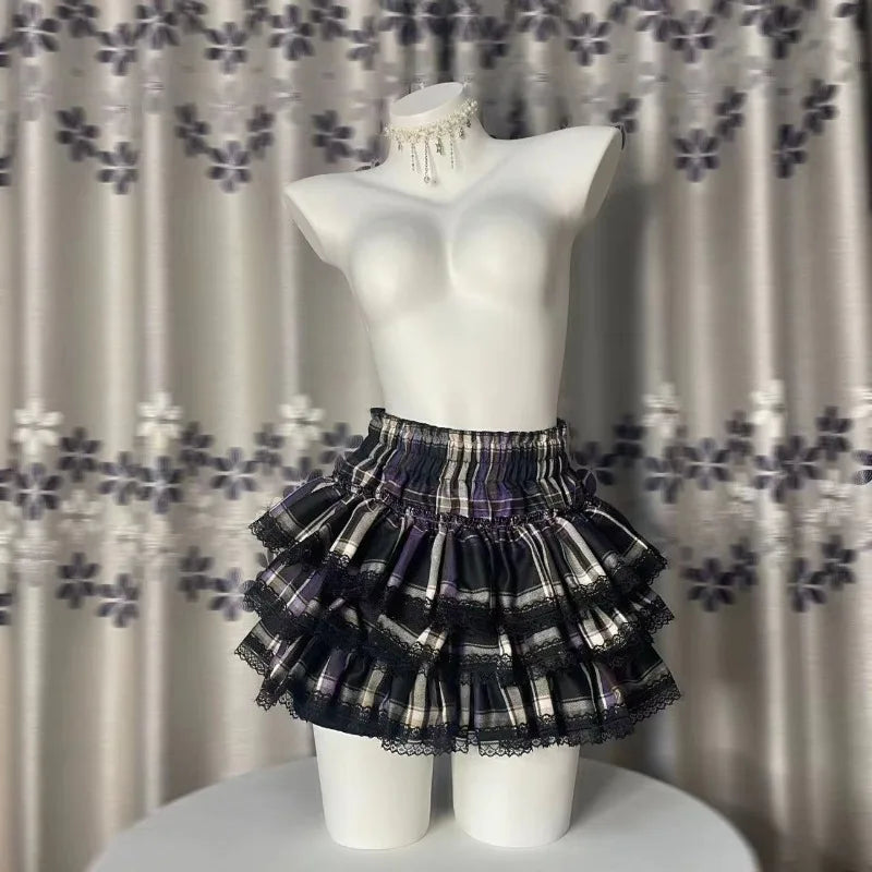 Y2k Harajuku Gothic Lolita Kawaii Plaid Mini Skirts Women Punk Vintage Lace Cake Skirt Subculture Fashion Ball Gown Short Skirts