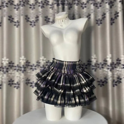 Y2k Harajuku Gothic Lolita Kawaii Plaid Mini Skirts Women Punk Vintage Lace Cake Skirt Subculture Fashion Ball Gown Short Skirts