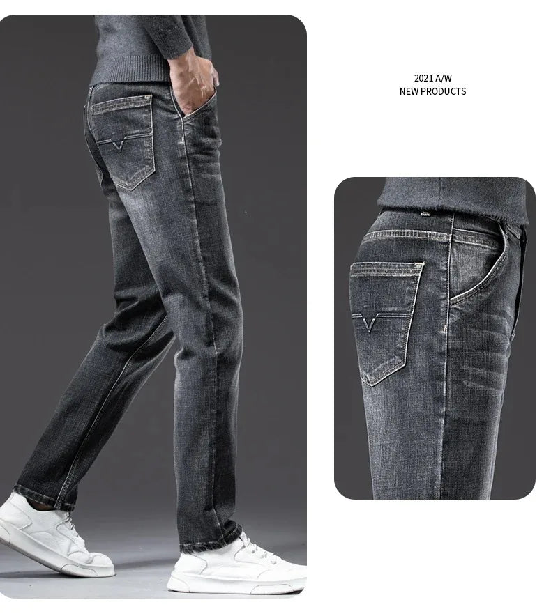 2026 Regular Fit Jeans Classic Style  Spring Summer New Men's Light Blue Stretch Denim Fabric Pants Male Brand