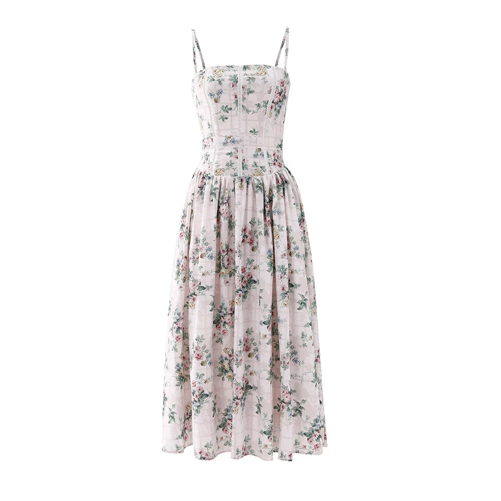 Summer Floral Print Dress Elegant 2025 New Arrivals Spaghetti Strap Flare Dress Maxi Holiday Party Dresses Women