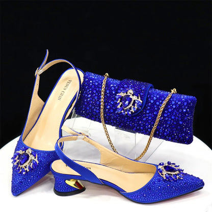 Royal Blue Sandals for Women 2024 Luxury Wedding Pumps Med Heels Rhinestone Design Party Shoes and Bags Set