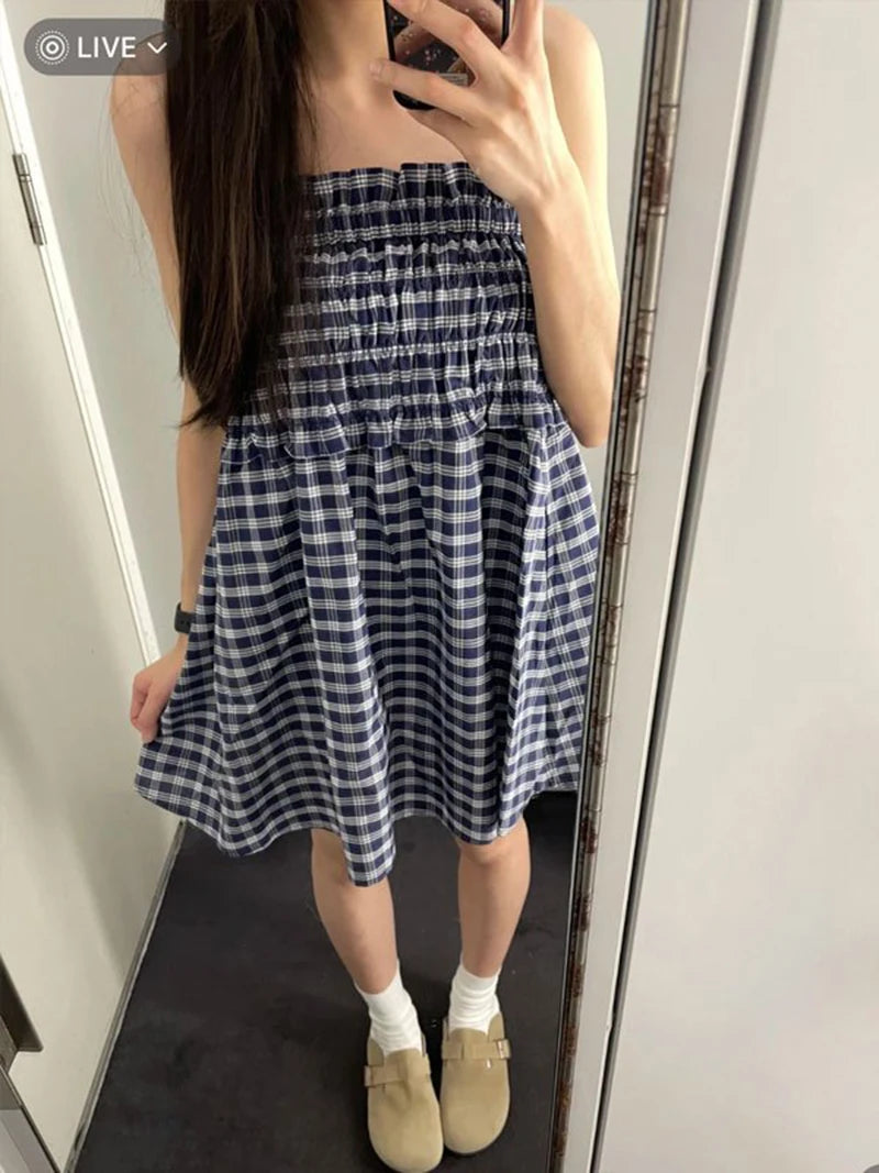 Vintage Plaid Mini Skirt Women Harajuku Aesthetic Patchwork Knee Length Skirts Summer Korean High Waist A Line Faldas New