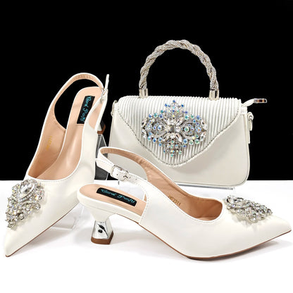 Italian Design Peach Color Pointed Toe Shoe & Bag Set Rhinestone Luxury  Women's High Heels for Parties By QSGFC