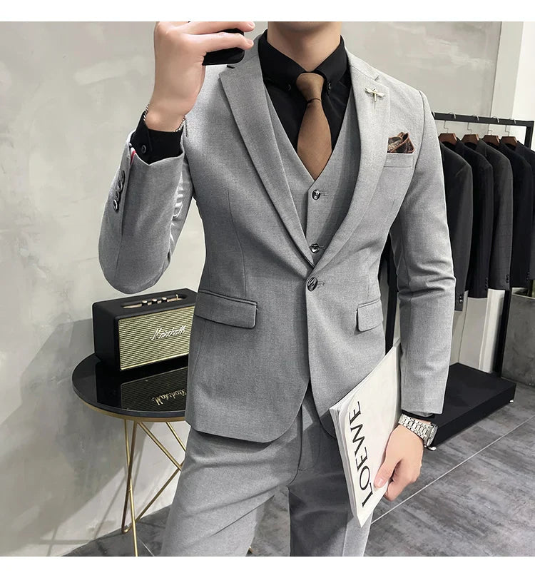 Blazer Vest Pants Men's Navy Blue Suit Set Slim Fit Blazer Vest Pants Formal Outfit for Business Wedding Office Groom Party