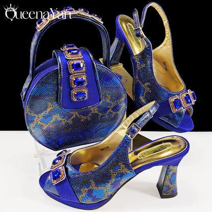 New Luxurious Italian Women's Party Shoes&Bag Set Elegant Golden Rhinestone  Sandals with Peep Toe High Heels Wedding