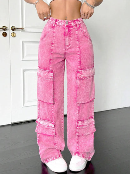Pink cotton women's wide-leg loose-fitting jeans, multi-pocket Y2K style pink fashionable jeans