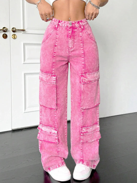 Pink cotton women's wide-leg loose-fitting jeans, multi-pocket Y2K style pink fashionable jeans