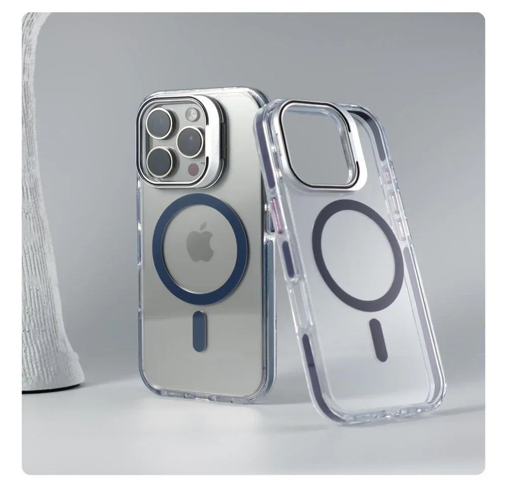 Luxury Lens Holder Shockproof Magnetic Case For iPhone 16 15 14 Plus 13 12 17 Pro Max 17Air 16e Magsafe Fashion Clear Cover