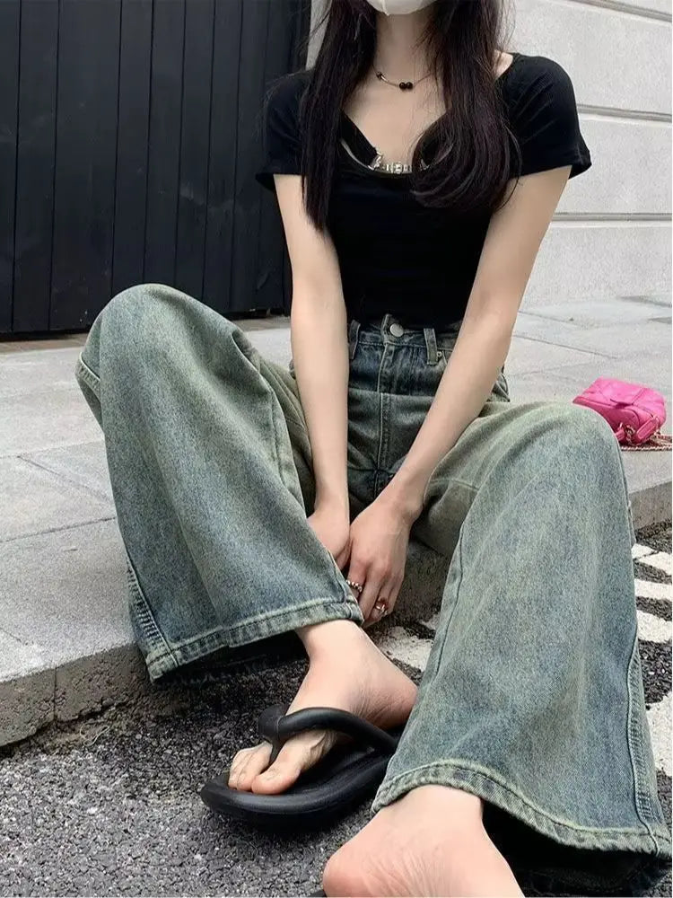 Vintage High-waisted Slimming Jeans American Style Casual Bell Bottoms Versatile Straight-leg Long Pants For Women