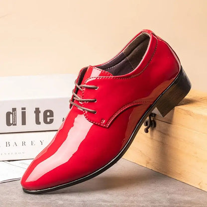 Men's Red Patent Leather Wedding Groomsmen Shoes Low Block Heel Business Formal Dress Shoes Trendy Casual Footwear