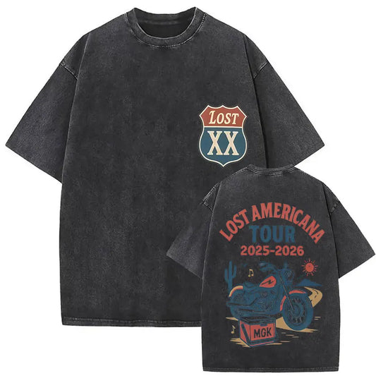 MGK Lost Americana Tour 2025-2026 Vintage Washed T Shirt Men Women Summer Fashion Cotton Short Sleeve T-shirt Fans Gift Clothing