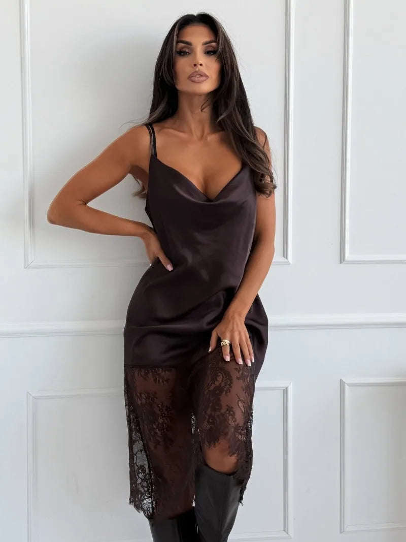 Trendix Hollow Out Lace Dress Women 2025 Winter Sexy V Neck Sleeveless Spaghetti Strap Dresses Party Club Elegant Evening Dress