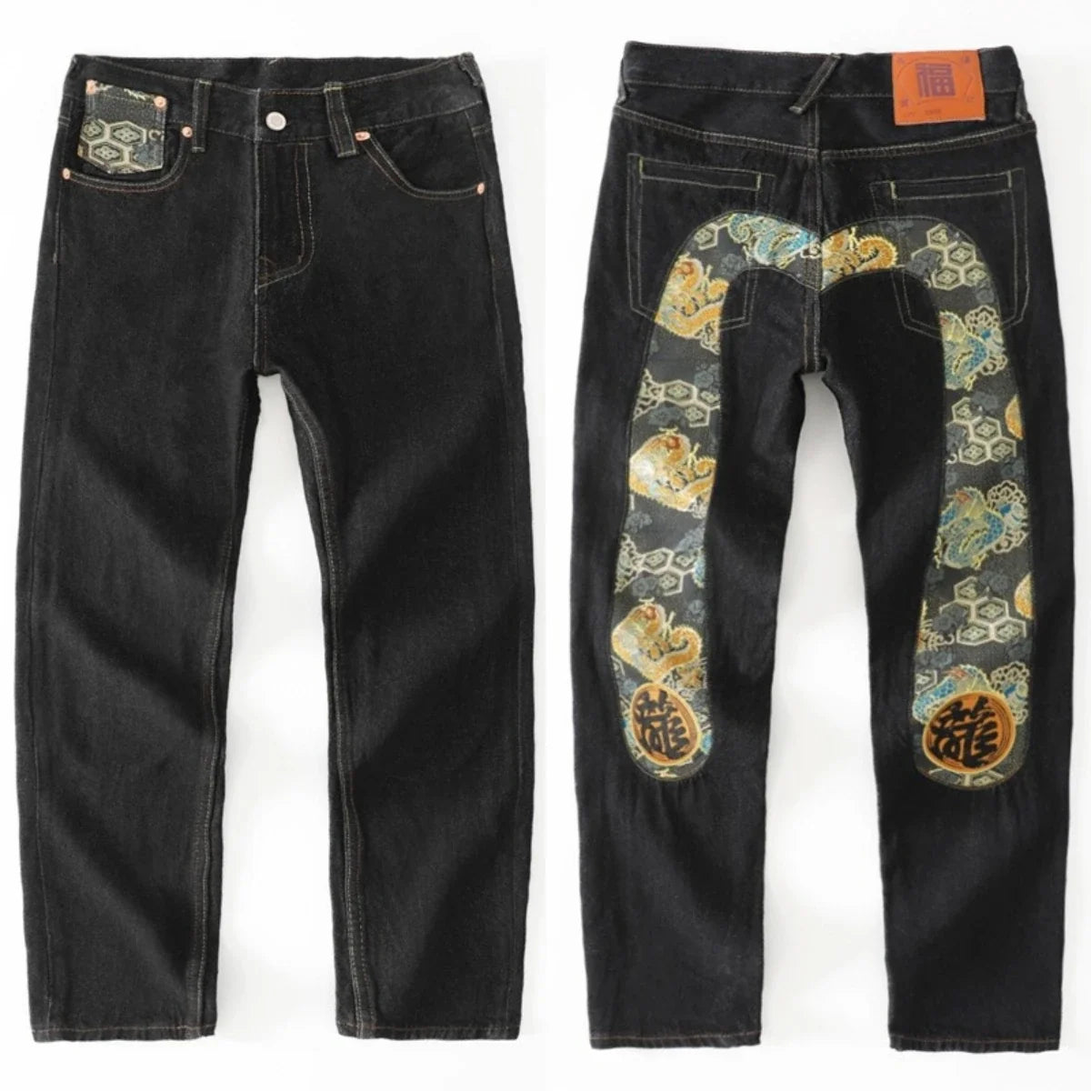 Japanese Handmade Embroidered Jeans Men's Pure Cotton Straight Tube Hip-Hop Popular Slim Red Ears Show Thin Trousers Devil Big M