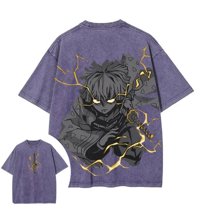 Demon Slayer Men's Women's Washed T-Shirt Zenitsu Agatsuma Summer Spring Anime Tee Retro Distressed High Quality Short Sleeve